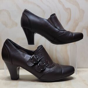 Pierre Dumas Desire Dark Brown 2.5" Heeled Loafer Women 7.5 Leather Shoe Buckles